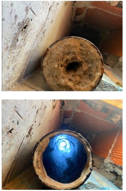 La même canalisation photographiée avant puis après le curage