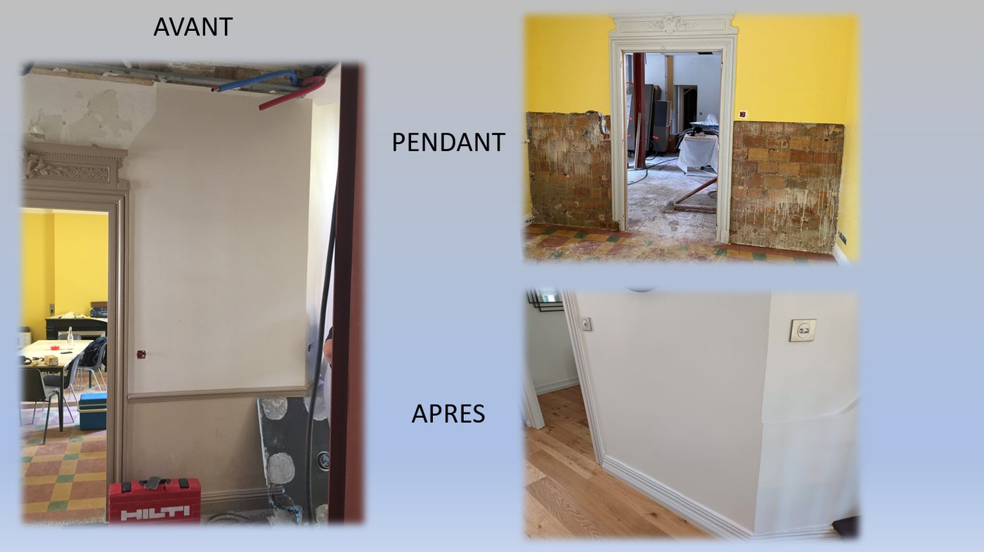 Un mur de pièce d'habitation avant, pendant et après traitement de l'humidité