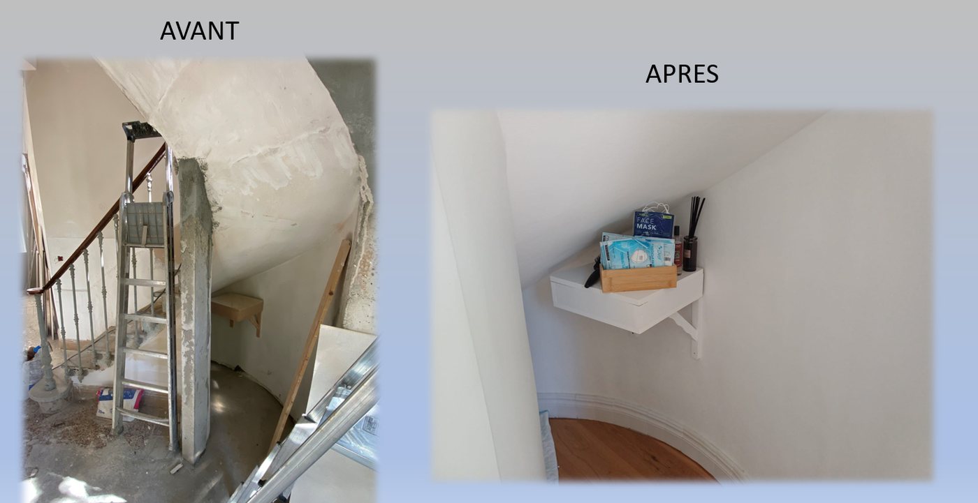 Un palier d'escalier avant et après traitement de l'humidité