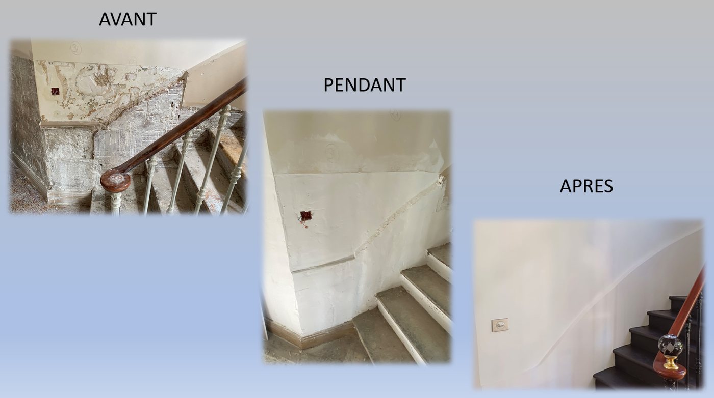 Une cage d'escalier avant, pendant et après traitement de l'humidité